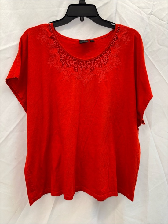 Rafaella Tops - Rafaella Red Scoop Neck Embroidered Short Sleeve Top